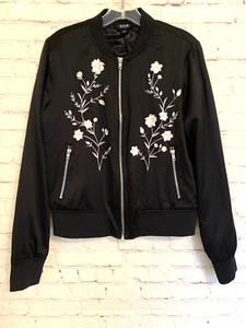 a.n.a A New Approach-Med-Black Satin Bomber Jacket w/ Floral Embroidery-EUC! - Picture 1 of 8