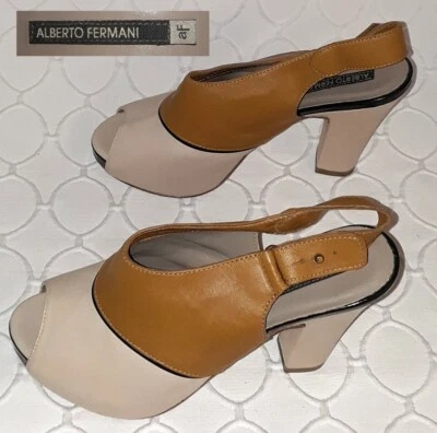 ALBERTO FERMANI 37½ Open Toe Leather Platform Heel Sandals Cream Tan Color block - Image 1 of 4