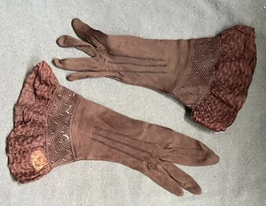Vintage Pair Brown Gloves w/ Lace & Mesh Trim Kayser Made in Germany SZ: 4 Girl - Picture 1 of 6