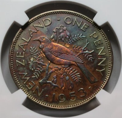 NUEVA ZELANDA 1 centavo 1953 NGC PROOF Det. UNC Rainbow Queen Elizabeth II Tui Bird Foto 1 de 4