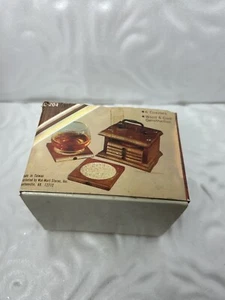 VTG 6pc Coaster Set in Caddy w/ Handle Wood Cork Lined Brass Hardware - Picture 1 of 12