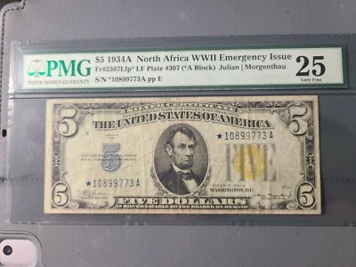 Very Rare $5 1934A North Africa Star Note Face Plate 307 PMG 25 - Image 1 of 2