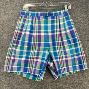 Vintage IZOD Shorts Womens 12 Blue Plaid High Rise Pleated Preppy Tennis Classic - Picture 1 of 10