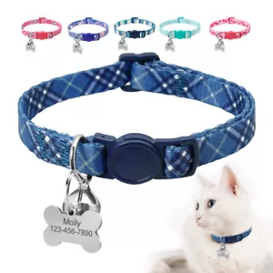 3/8“ wide Safety Quick Release Cat Collar with Bell Custom Personalized Bone Tag - Picture 1 of 24