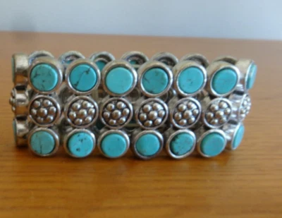 Tibetan Turquoise and Silver Stretch Bracelet Cuff - Image 1 of 2