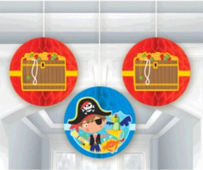 LITTLE PIRATE Happy Birthday Party supplies HANGING HONEYCOMB DECORATIONS 3pcs - Image 1 of 3