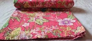 Indian Handmade Floral Twin Size Cotton Kantha Quilt Throw Blanket Bedspread - Picture 1 of 9