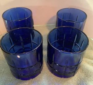 4 Anchor Hocking Tartan Plaid Cobalt Blue 8 Ounce Lowball Glasses 3.5 Inch - Picture 1 of 7