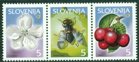 Slovenia Scott #428a MNH STRIP of 3 Fruits Blossoms Insects $$ Cover