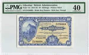GIBRALTAR 10 Shillings 1958, P-14c, W&S Print, Scarce, PMG 40 Extremely Fine EF. - Picture 1 of 2