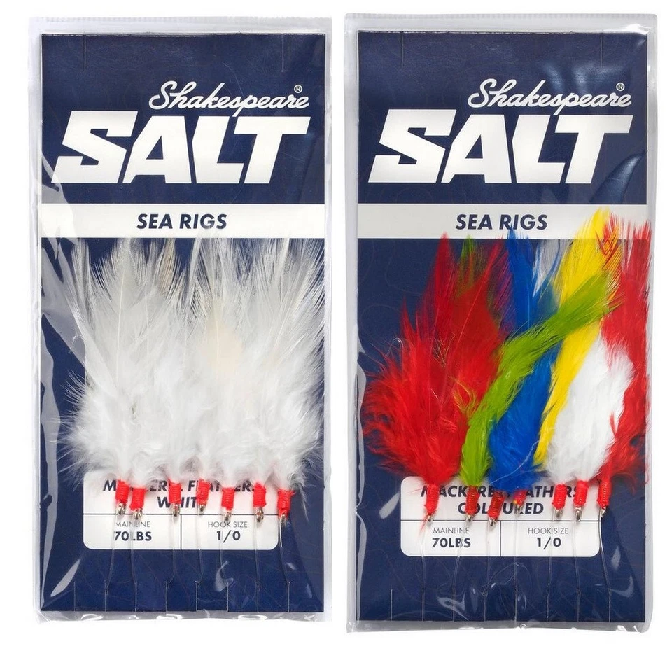 Shakespeare SALT Sea Rigs Mackerel Feathers 1/0 Hooks Coloured or White Cod etc - Image 1 of 1