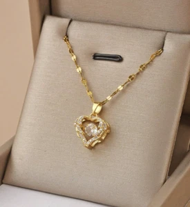 Womens Necklaces Heart Pendant 18K Gold Plated Stainless Steel Beaded Jewelry - Picture 1 of 3