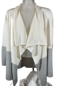 Eddie Bauer Cardigan L Cream Gray Merino Wool Blend Open Front Color Block Knit - Picture 1 of 6