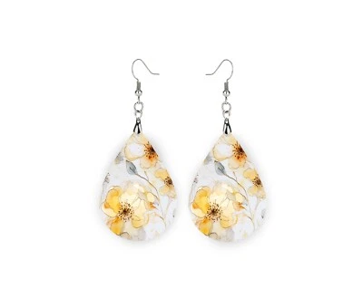 Golden Floral Print Wood Dangle Teardrop Print Earrings Jewelry - Image 1 of 4