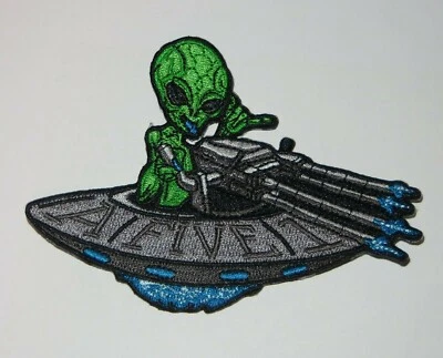 Green Alien UFO Spaceship Area 51 Large 4.7" X 3.4 Iron On Embroidered Patch - Image 1 of 2