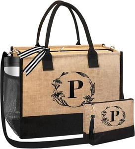 Initial Canvas/Jute Tote Bag Personalized Bag for Wedding, Birthday, Beach, Gift - Picture 1 of 7