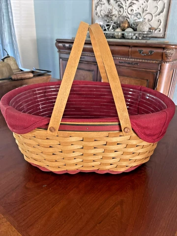 2004 Large Longaberger Basket Oval w Cloth & Plastic Liners 18"x14"x8" 2 handles Cover