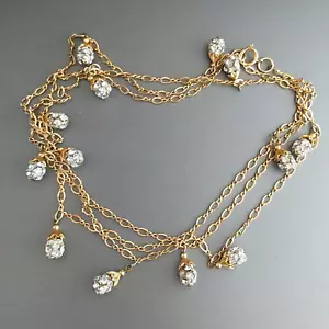 Vintage Gold Tone Rhinestone Necklace Teardrop Stations Flapper Length 50" - Picture 1 of 6