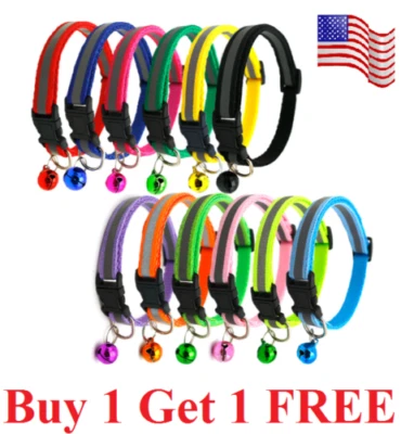  Adjustable Reflective Nylon Cat Collar Bell For kitten Small Dog Puppy Pet  - Image 1 of 4