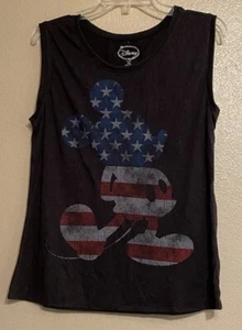 DISNEY Ladies XL Tank Top Black Acid Wash Mickey Mouse American Flag Patriotic - Picture 1 of 3