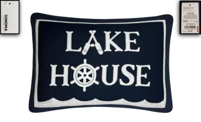 NWT! SONOMA GOODS FOR LIFE NAVY BLUE WHITE EMBROIDERED LAKE HOUSE PILLOW 14 X 20 - Image 1 of 4