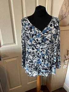 Wrap Top Size 12 Womens Boho Indie Blue Smart Sheer Long Sleeve Office V Neck - Picture 1 of 11
