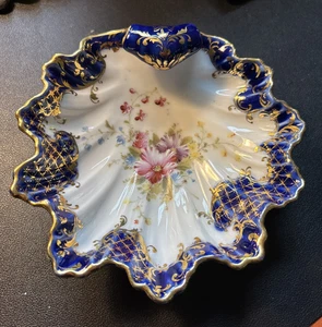 Antique Nippon Dish Porcelain Shell Cobalt Blue Gold Trim Floral Hand Painted - Picture 1 of 13