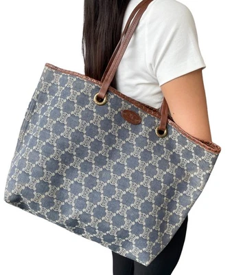 CELINE Vintage Macadam Monogram Logo Denim Tote Bag Blue Gold Cotton Leather - Image 1 of 4