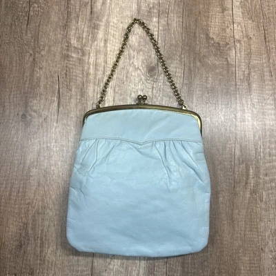 Antiga Bolsa de Embreagem St Thomas Couro Dobrável Kiss Lock com Corrente Dourada - Azul Bebê - Imagem 1 de 4