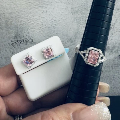 Beautiful Pink Sapphire Ring & Earrings Set, 925 Sterling Silver, Size 8.5~ New - Image 1 of 4