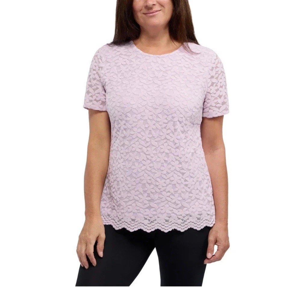 Teddi Rose Shirt Womens Medium Purple Lace Floral Short Sleeve Scalloped Hem Top