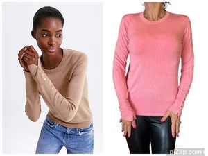 Suéter básico de punto marrón y rosa puños con botones dorados cuello redondo suave BOGO S de Zara - Imagen 1 de 24