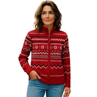 Suéter para mujer Breckenridge rojo Fair Isle cárdigan talla L cremallera completa vacaciones Navidad Foto 1 de 4