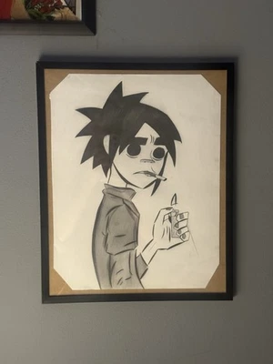 Hand-Drawn Gorillaz Fan Art – 2-D Smoking Sketch (12.5”x15.5”, Framed) - Image 1 of 3