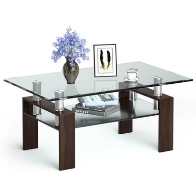 Costway Rectangle Glass Coffee Table Metal Legs End Table Livingroom Coffee - Image 1 of 4