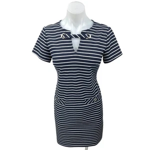 Tommy Hilfiger Women's Blue Striped Short Sleeve Split Neck Mini Sheath Dress 2 - Picture 1 of 7