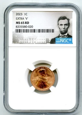 2023 EXTRA ' V ' ERROR VDB V NGC MS65 RD LINCOLN SHIELD PENNY CENT RARE VARIETY - Image 1 of 3
