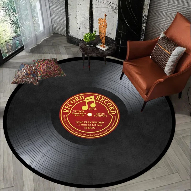 Alfombra redonda con tema de disco de vinilo - poliéster suave, lavable a máquina, 1,2 cm de ancho Foto 1 de 4