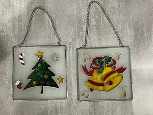 VINTAGE 2er Set Buntglas Christbaum & Glocken Sonnenfänger Ornamente gebraucht - Bild 1 von 10