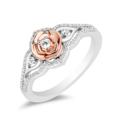 1/5 CTW White Round Cut CZ Rose Flower Two Tone Plated Wedding 925 Silver Ring - Image 1 of 4