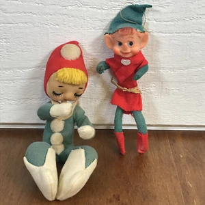 2 Vintage Felt Pixie Elf Christmas Ornament Pointy Nose Ears Girl Bendable READ - Picture 1 of 22
