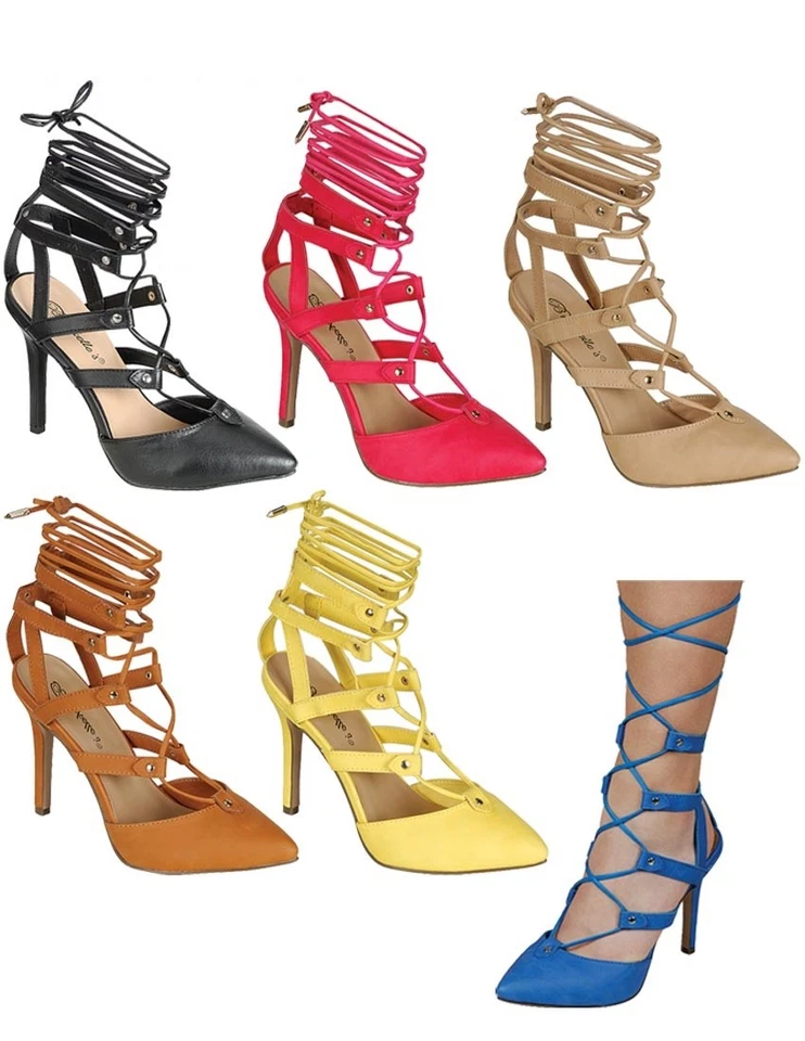 Nueva sandalia puntiaguda con tiras para piernas con cordones y tachuelas gladiador tacón de aguja Foto 1 de 1