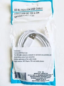 60”/152.4 cm USB Cable Type A Male to Micro 5-Pin for Mobile Phones PDA Cameras - Picture 1 of 2