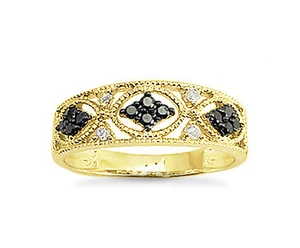 10K Yellow Gold Black & White Diamond Ring Vintage Inspired Diamond Band .25ct - Picture 1 of 3