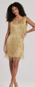 NADINE MERABI SADIE Beaded Fringed Dress Size M UK 12 Gold BNWT RRP £495 - New - Picture 1 of 24
