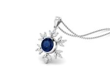 Bezel Set 10MM Round Blue Sapphire 925 Sterling Silver Flower Women Necklace
