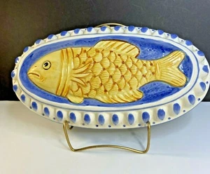 Decoración de cocina de cerámica pintada a mano molde de pescado Sigma azul amarillo Japón - Imagen 1 de 10
