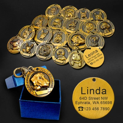 3D Brass Personalized Relief Copper Dog Tag Custom Engraved Pet ID Name Tags - Image 1 of 4