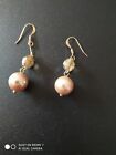 Peach Faux Pearl & Faceted Glass Bead, Goldtone Dangle Earrings. Boxed Gift Idea