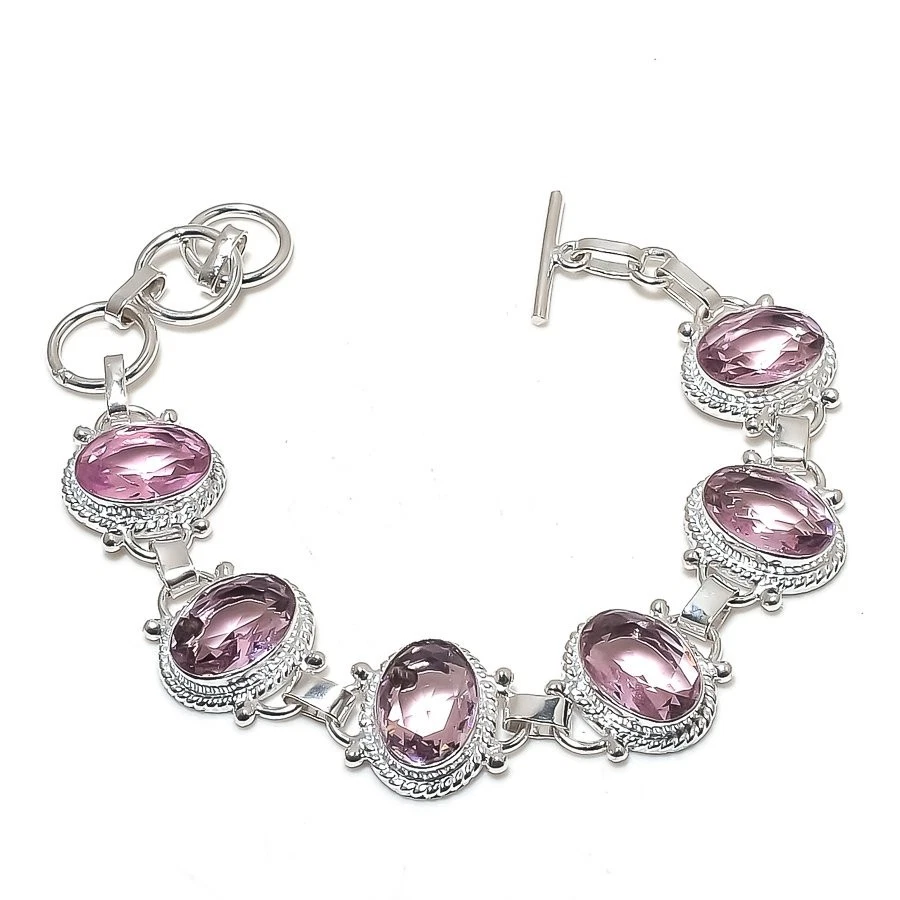 Purple Amethyst Gemstone Handmade 925 Sterling Silver Jewelry Bracelet Size 7-8" - Image 1 of 1